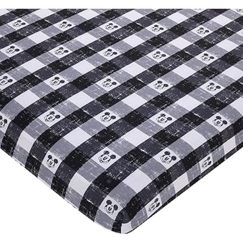 Disney Mickey Mouse - Black, White and Gray Plaid Nursery Polyester Fitted Mini Crib Sheet