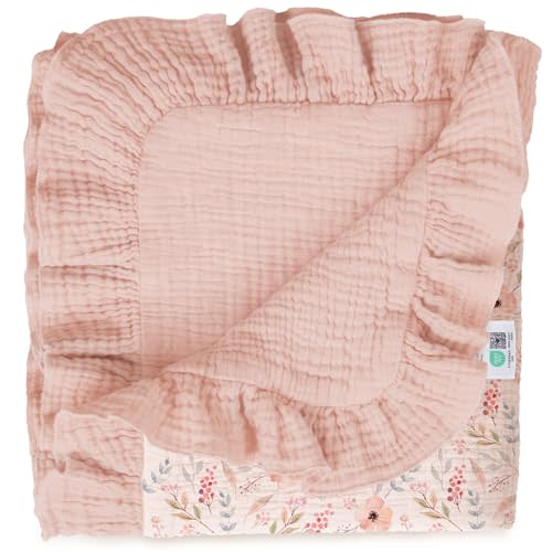 lulumoon Muslin Baby Blanket for Girls: Soft Breathable Cotton Crib Blanket with Ruffle - Floral Print Lightweight Receiving for Wrap Newborn & Nursery Stroller 40"x36"(Pink Flower)
