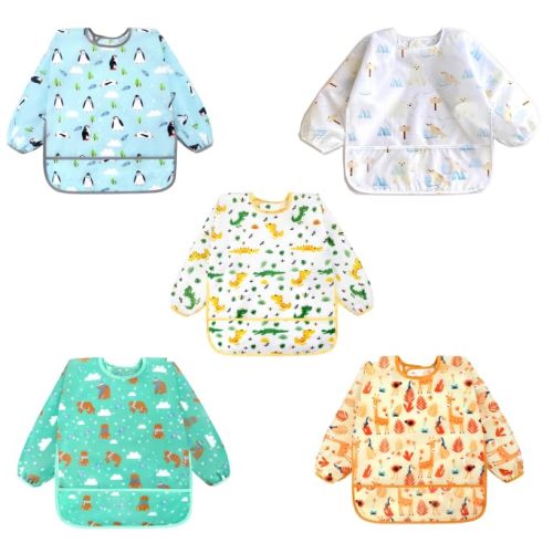 Accmor 5 Pack Long Sleeve Bibs, Baby Smock Waterproof Sleeved Bib Smock for Baby Toddler 6-36 Months