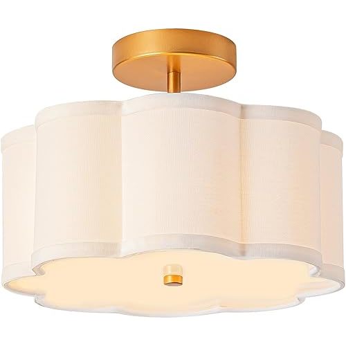 Bargeni Semi Flush Mount Ceiling Light,13 inch Modern Ceiling Light Fixture,Gold Light Fixtures Ceiling Mount with Flower-Shaped Fabric Shade, Flush Mount Light Fixture for Bedroom,Living Room,Hallway