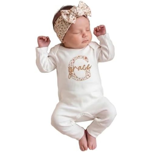 Linkababy Personalized Baby Girl Coming Home Outfit, 100% Cotton Embroidered Romper, Headband, Bow, Baby Shower, Newborn 0-3M