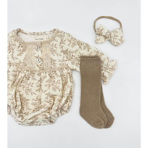 ELODIE Vintage Floral Muslin Baby Romper Bubble Set – 100% Cotton with Matching Bow LONG-Sleeve