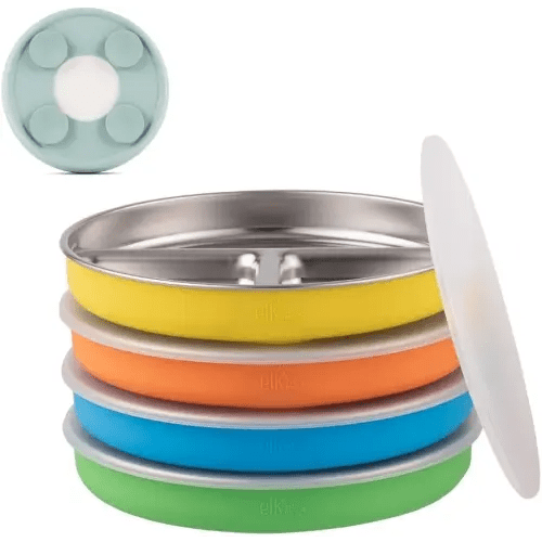 Elk and Friends Stainless Steel Divided Plates with Silicone Sleeve for Babies & Toddlers | Lids Included | Stay Put Suction | Dinner & Snack Plates | 4 Pack
