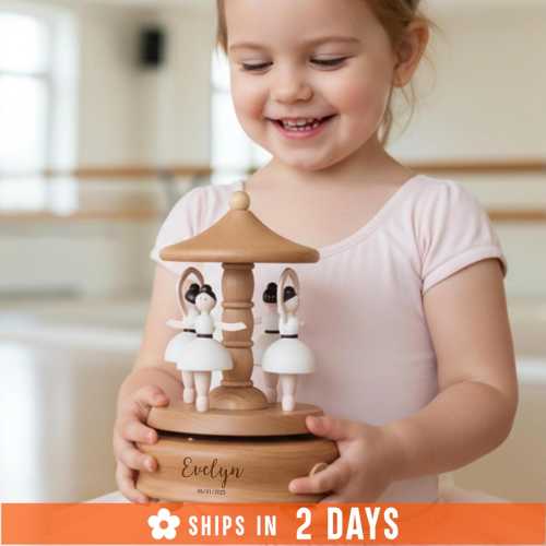 Engraved Baby Name Music Box, Mothers Day Gift, Custom Baby Gift, Personalized Wooden Music Box, Gift for Kid, Musical Carousel [T]