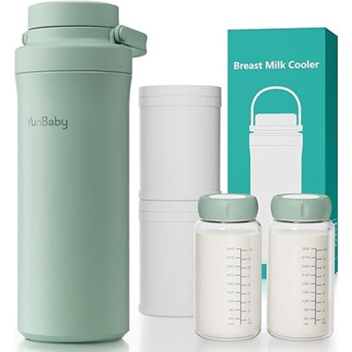 22oz Portable Breast Milk Cooler, Game-changer with 360° Total Cooling Gel Ice Pack for 30 Hours, Baby Travel Breastfeeding Essential Chiller with 2pcs Bottles for Breastmilk Storage(Green)