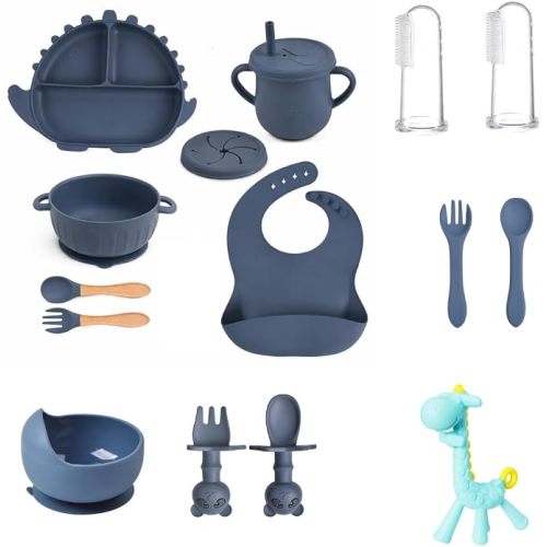 15-Piece Silicone Baby Feeding Set: Includes Suction Plates, Sippy Cup, Bowls, Utensils, Bib – Baby Led Weaning Essentials, BPA-Free, Dishwasher & Microwave Safe (Navy Blue)