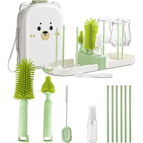 Travel Baby Bottle Cleaner Kit with Storage Case – 6-in-1 Compact Bottle Brush Set for Infant Feeding, Breast Pump Parts & On-The-Go Washing – Baby Travel Essentials for Flying (Green)