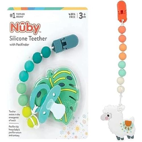 Nuby All Silicone Teether with Bonus Silicone Pacifinder with Clip - 3+ Months, 2pk (Monstera Leaf/Llama)