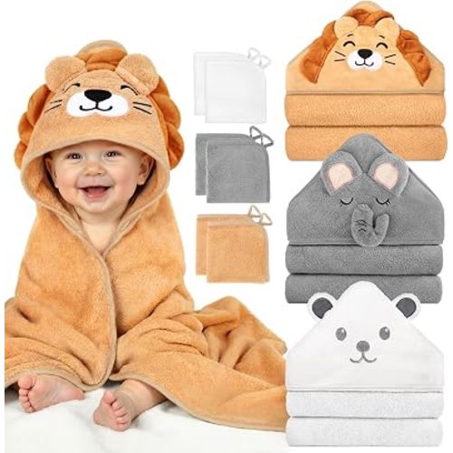 9 PCS Baby Bath Towels Set for Newborn Essentials (Lion, Bear, Elephant)
