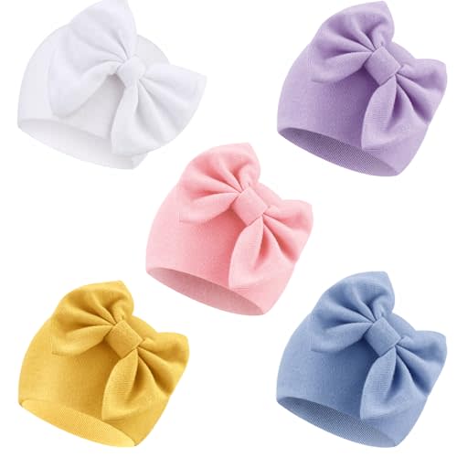 DRESHOW BQUBO Newborn Baby Girls Hats Hospital Hat Baby Cotton Beanie Infant Big Bow Hats for 0-24 Months