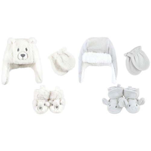 Hudson Baby 6Pc Trapper Hat, Mitten and Bootie Set, Cream Bear Gray Elephant, 0-6 Months
