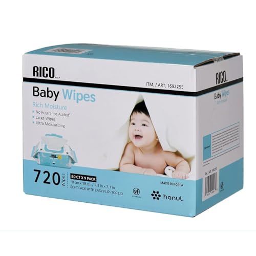 RICO Baby Wipes, 720-count Ultrapure Purified Water and Aqua Cream from France Enriched with Softening Agent on Baby’s Skin Free of Fragrances, Parabens, Alcohol and Dyes