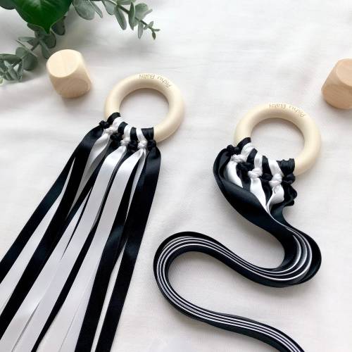 Newborn sensory toy | Monochrome ribbon ring | Black and white hand kite | Baby wooden toy | Montessori newborn