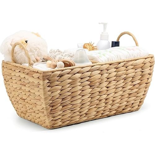 Baby Diaper Caddy Organizer, Handwoven Nursery Basket Changing Table Organizer Natural Water Hyacinth Storage Basket for Nursery Bathroom Kitchen Shelves Office Supplies Organization