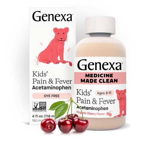 Genexa Children's Clean Acetaminophen | Pediatrician Preferred Ingredients | Pain & Fever Reducer for Kids | Dye Free, 0% Artificial Additives | Ages 2-11, Delicious Organic Cherry Liquid, 4 fl oz