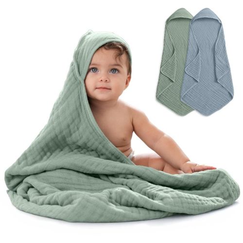 Comfy Cubs Hooded Baby Towels 2 Pack - 6 Layer, 100% Muslin Cotton - Large 32" x 32" - Pacific Blue and Fern