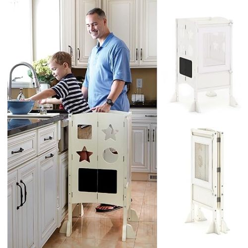 Guidecraft Classic Kitchen Helper® Stool - Ivory: Foldable Toddler Tower with Adjustable Height Platform | Premium Learning Montessori Collapsible Step Stool for Kids