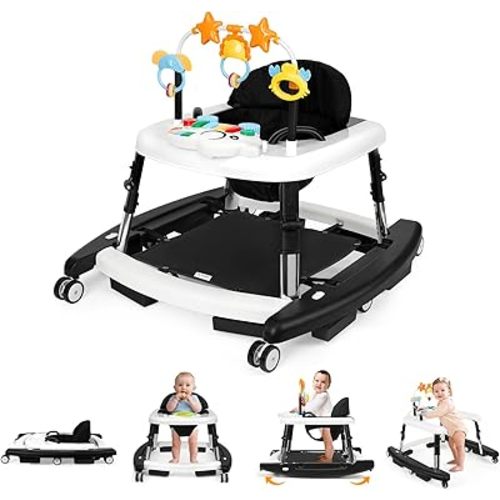 5-in-1 Music and Lights Baby Walker Foldable with 5 Adjustable Heights, Baby Walker with Wheels and Bouncer Combo Portable, Infant Toddler Walker for Baby Boy Girls 6-18 Months