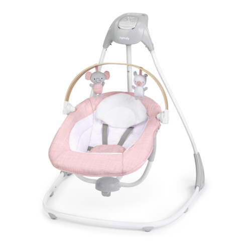 Ingenuity SimpleComfort Compact Baby Swing with Rotating Toy Bar, 6 Speeds, for Ages 0-9 Months, USB Powered, Pink