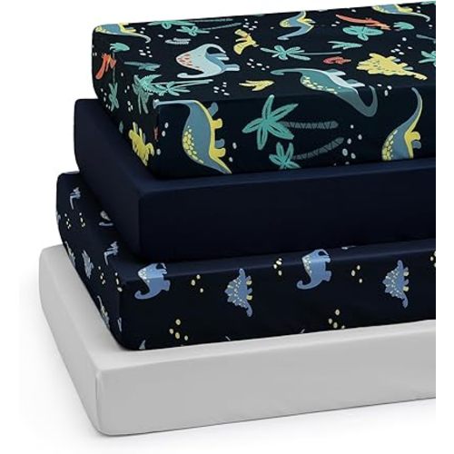 PHF 4 Pack Soft Dinosaur Crib Sheets Fitted, Comfy Breathable Baby Sheets for Boys Girls, 28x52 Inches Fits Standard Crib and Toddler Mattresses, Dinosaur