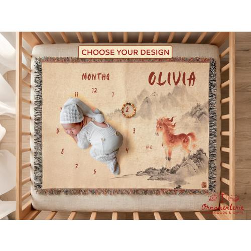 Year of the Fire Horse 2026 Baby Monthly Growth Tracker, Lunar New Year Newborn Gift, Chinese Zodiac Birth Year Keepsake, Personalized Throw