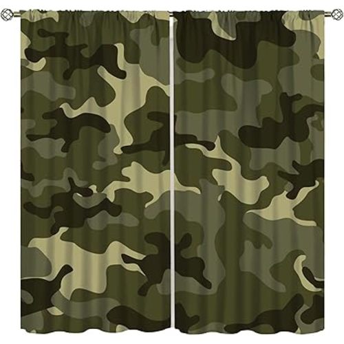 Classic Camouflage Curtain,Kids Military Style Camo Print Green Decor Rod Pocket Window Treatments,for Nursery Classroom Living Room Bedroom Kitchen Cafe Farmhouse 42" W X 45" L