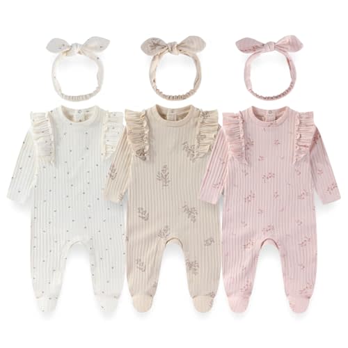 Baby Girls 3-Piece Cotton Floral Outfit Set with Headband Soft Infant Romper Newborn baby clothes