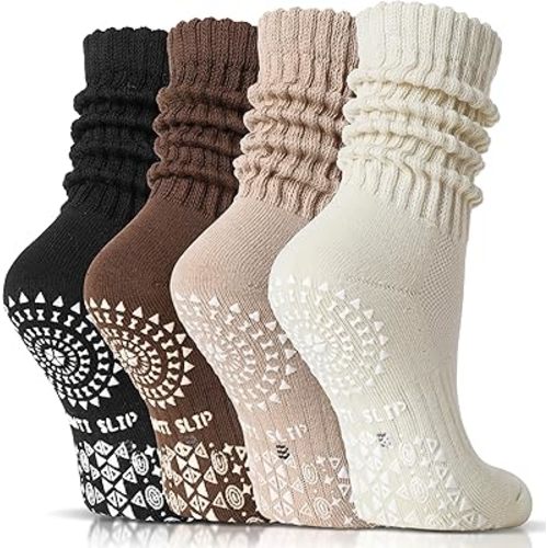 Sandsuced Pilates Slouch Socks with Grips Non Slip Yoga Socks Winter Warm Cozy Scrunch Boot Crew Slipper 4 Pairs for Women