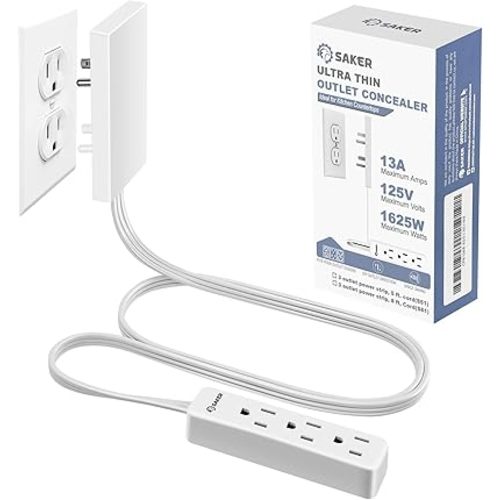 Saker Outlet Concealer Power Strip | 5ft Flat Plug Extension Cord with 3 Outlets,1625W | Universal Size Baby Proof Outlet Cover Extension Cord for Kitchen, Home and Office