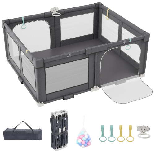 72" X 59" Foldable Baby Playpen with Zipper Gate, Portable Play Yard with Carry Bag, Anti-Slip Suckers & 50 Ocean Balls, Baby Fence Play Area with 4 Handles (Grey)