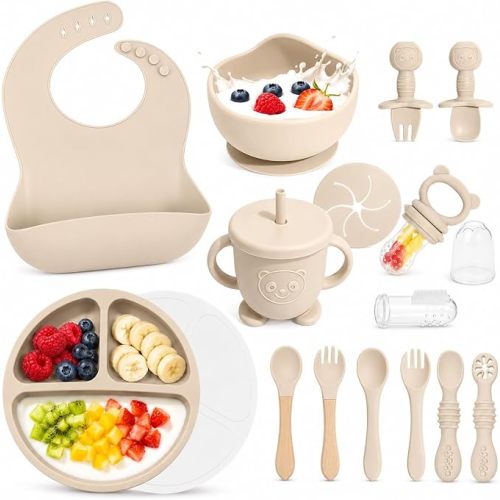 Silicone Baby Feeding Utensils Set for 6+ Months, 17 Pcs, Beige