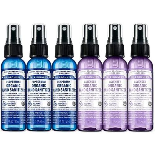 Dr. Bronner's Organic Hand Sanitizer Spray Variety Pack Travel Size Bulk, Simple & Effective Formula, Scented, No Harsh Chemicals - Lavender & Peppermint, 2oz (6-Pack)