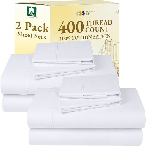 California Design Den Soft 100% Cotton King Sheet Set, 400 Thread Count Good Housekeeping Award Winner, Silky Smooth Sateen Weave with Deep Pockets, Breathable and Durable Cotton Bedding Set - White