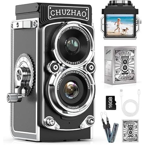 CHUZHAO Digital Camera Retro, Portable TLR Style Twin-Lens Vintage Camera, 12MP Autofocus 1080P FHD Point and Shoot Pocket Vlogging Retro Digital Cameras with16 GB Card for Beginners Teens Boys Girls