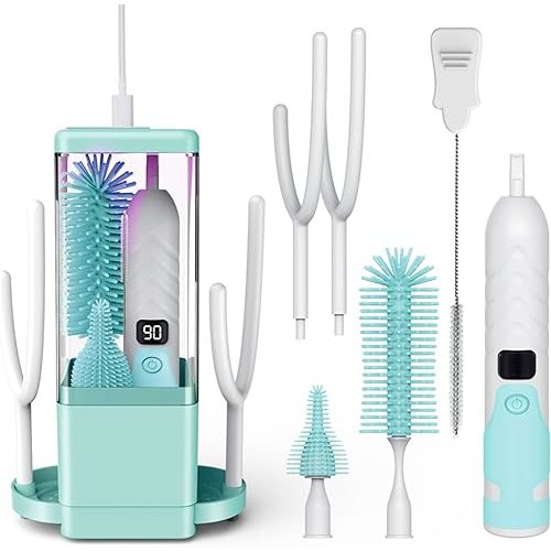 Electric Bottle Brush Cleaner - 360°High-Speed Spinning Bristles, Rechargeable Baby Bottle Brush with Silicone Bottle, Nipple Brush, Straw Brush, 2 Drying Rack, UV sterilized, Green