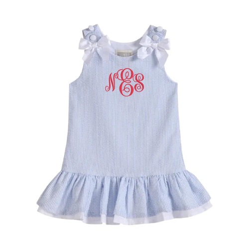 Blue Seersucker Baby Dress with Bows – Charming Cotton Baby Girl Outfit | Summer Toddler Dress | Classic Baby Clothes | 3–6M, 6–12M, 12–18M