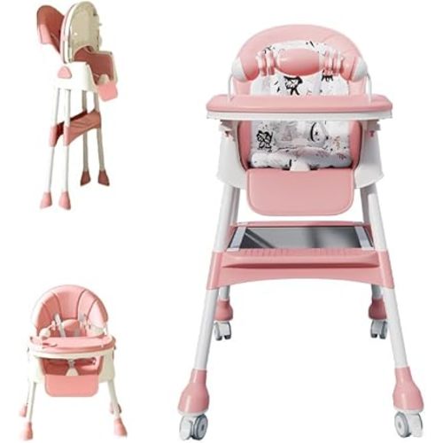 4-in-1 Baby High Chair for Babies & Toddlers, Foldable High Chair with Detachable PU Cushion, Removable Tray, Adjustable Height,Pink