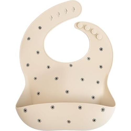 mushie Silicone Baby Bib | Adjustable Fit Waterproof Bibs (Black Daisy)