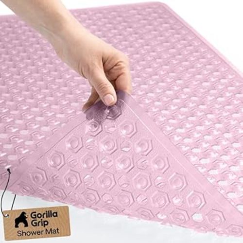 GORILLA GRIP Patented Bath Tub Shower Mat, Machine Washable Bathtub Floor Liner Mats, Suction Cups and Drain Holes to Keep Tubs Clean, Soft on Feet, Bathroom Essentials, 35x16 Inch, Clear Light Pink