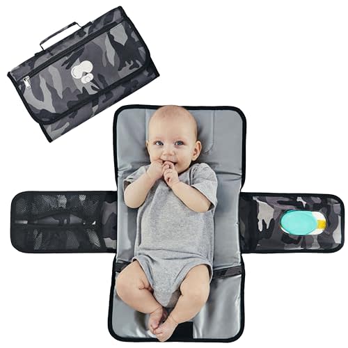 My lil Aviator Black Grey Baby Camo Portable Diaper Changing Pad Waterproof Foldable Travel Mat with Pockets Soft Oxford Fabric Lightweight Compact Changing for Parents Multiple Pockets for Storage