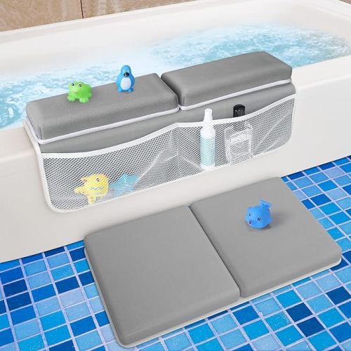 Tiikiy Baby Bath Kneeler and Elbow Rest Pad for Baby Bathing Parents, Painless Foam Mat with Toy Organizer Pockets Support Large Bathtub, Quick Drying, Non-Slip for Baby and Toddler Bathing (Gray)
