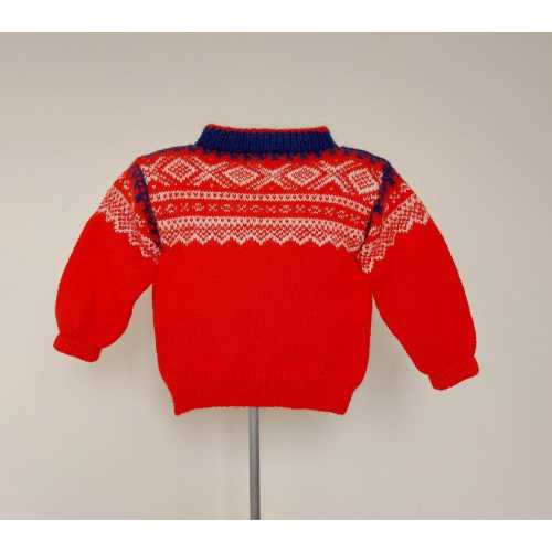Hand knit vintage red blue wool traditional Norwegian pullover sweater for toddler boys kids, Size 2 years