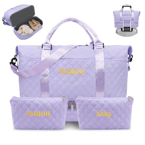 Mama Baby Pregnancy Hospital Bag Essentials for Women Labor Delivery Diaper Organizer with Shoe Compartment,2 Waterproof Toiletry Pouch Travel Duffle Bag for Mommy Weekender Overnight Gym Gifts,Purple