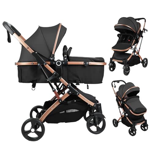 Baby Stroller, 2 in 1 Convertible Bassinet Mode Newborn to Toddler | Reversible Seat UPF Canopy, Shock Absorption Infant Stroller with Five-Point Harness, for Daily Strolls Travel Shopping (Black)