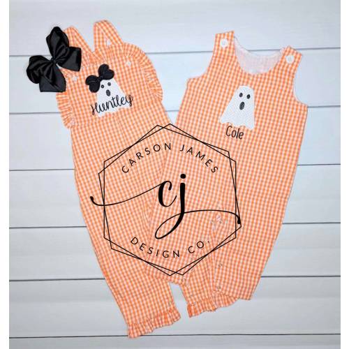 Monogram Halloween Ghost Outfit for Baby Toddler Kids Fall Romper Jumper Longalls Sibling Matching for Halloween and Thanksgiving