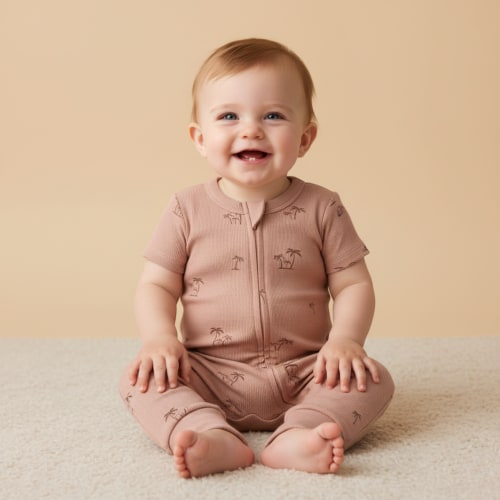 Organic Short Sleeve Zip Romper - Island Palm