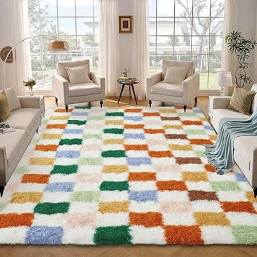 Washable Checkered 9x12 Area Rug for Living Room Colorful Modern Shag Rugs Thick Plush Fuzzy Rugs Non-Slip Large Rug Soft Indoor Carpet Shaggy Rugs for Bedroom Home Aesthetic Decor