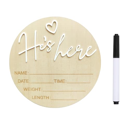 Baby Announcement Sign, ​5.9 Inch Wooden Hello World Newborn Signs, Birth Announcement Sign, Gender Reveal Signs, He's here Decoration, Welcome Newborn Arrival To World, Hospital Nursery for Baby (White He's)