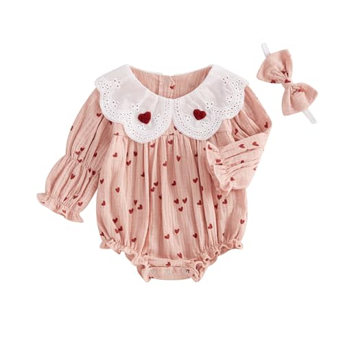 Suolongsama Valentines Baby Girl Outfit Newborn Smocked Romper Long Sleeve Peter Pan Collar Heart Bodysuit Headband 0-18M