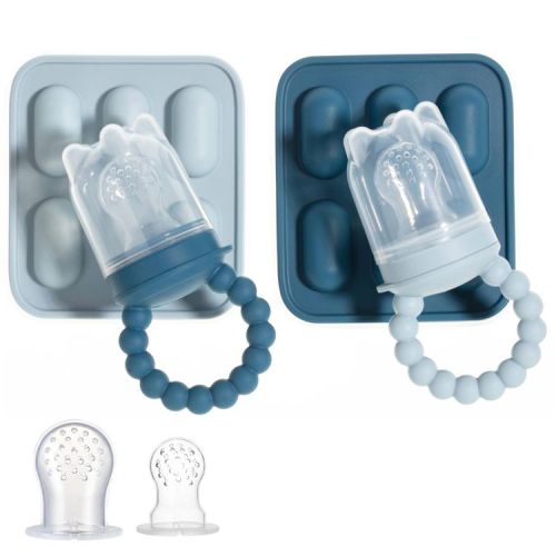 Silicone Baby Fruit Feeders with Freezer Tray for Batch Prep, Set of 2 Safe & Convenient Includes Extra Pouches & Travel Lids, Dishwasher Safe, Blue